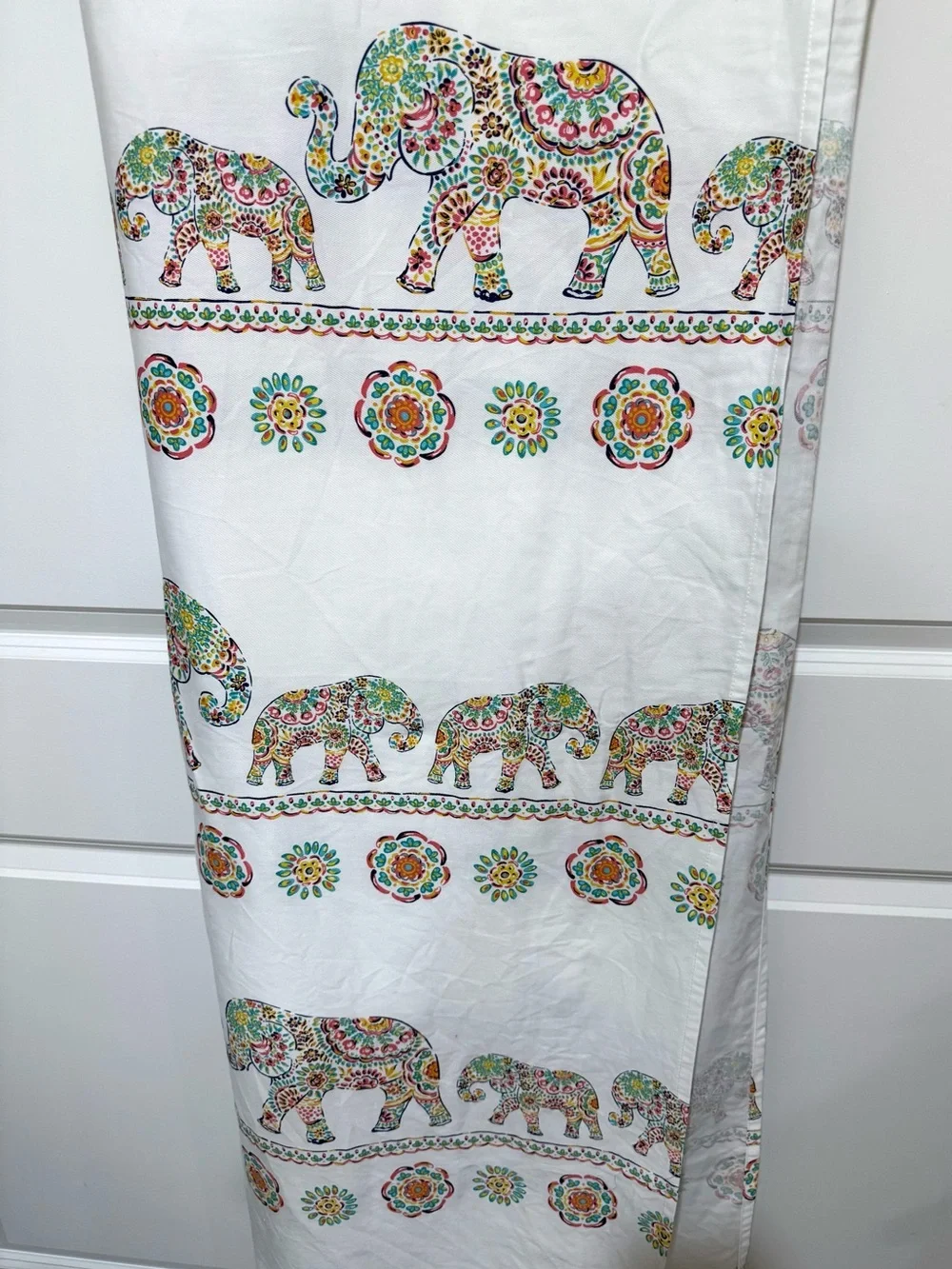 Cynthia Rowley White Fabric Shower Curtain with Multicolor Floral Elephant Print